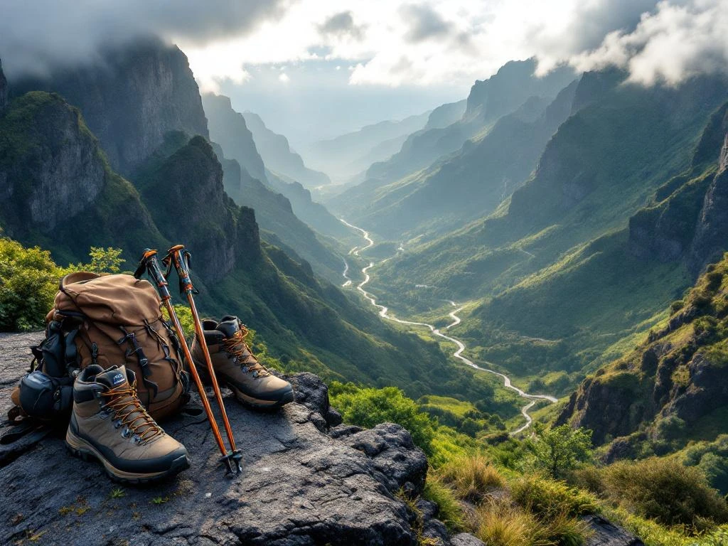 Wandeluitrusting op vulkanische rotsen met luchtfoto van Madeira's bergpaden door groene laurierbossen
