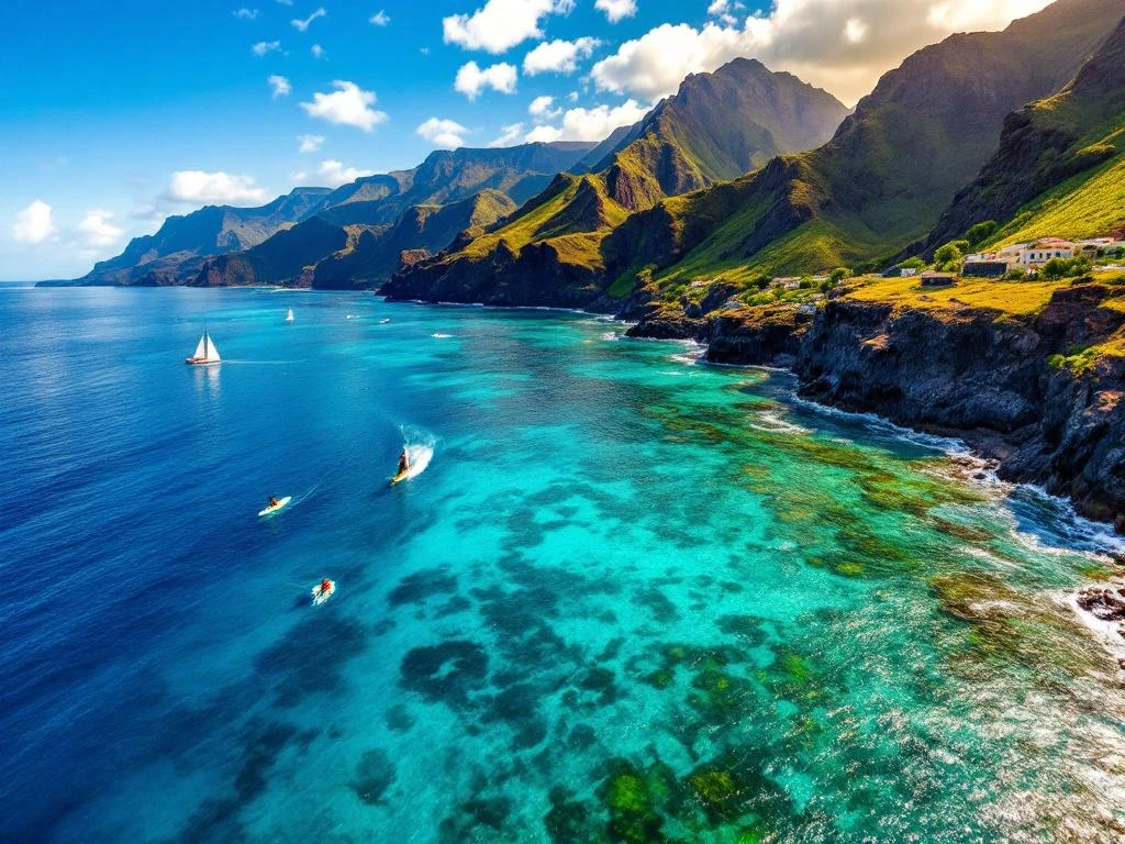Luchtfoto van Madeira's kustlijn met surfer, kajak en zeilboot bij groene kliffen en turquoise water
