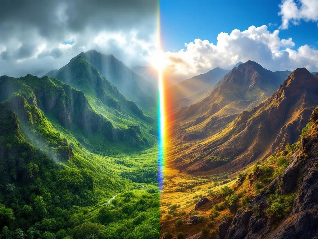 Madeira's microklimaat: regenachtige groene bergen links, zonnige droge kliffen rechts, regenboog in het midden