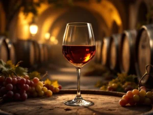 Glas Madeira-wijn op houten vaten in traditionele Portugese wijnkelder met warme verlichting en druivenranken