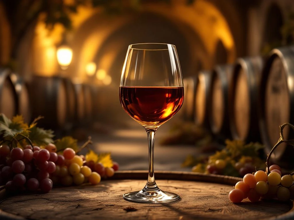 Glas Madeira-wijn op houten vaten in traditionele Portugese wijnkelder met warme verlichting en druivenranken