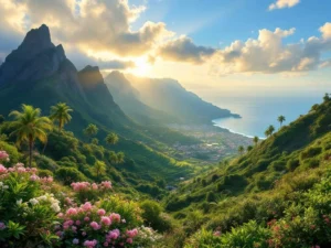 Winterlandschap Madeira met subtropische vegetatie, palmbomen, terrasvormige heuvels en Atlantische Oceaan op achtergrond
