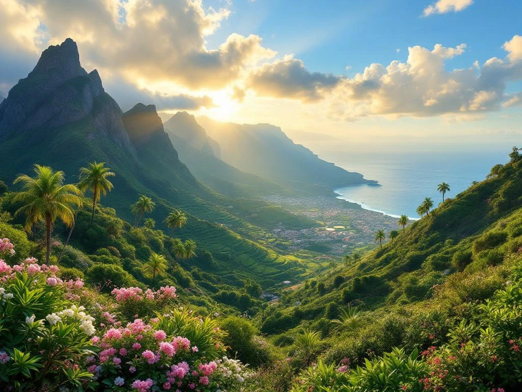 Winterlandschap Madeira met subtropische vegetatie, palmbomen, terrasvormige heuvels en Atlantische Oceaan op achtergrond