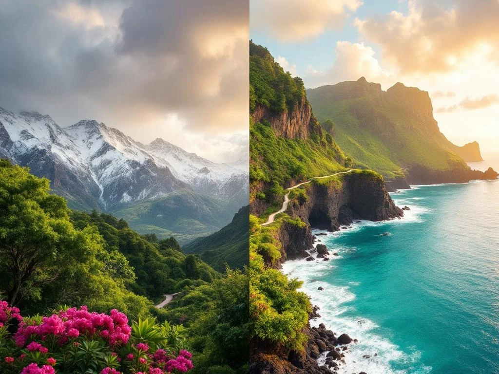 Split-screen vergelijking: besneeuwde Europese bergen links, groene subtropische landschappen van Madeira rechts met oceaan