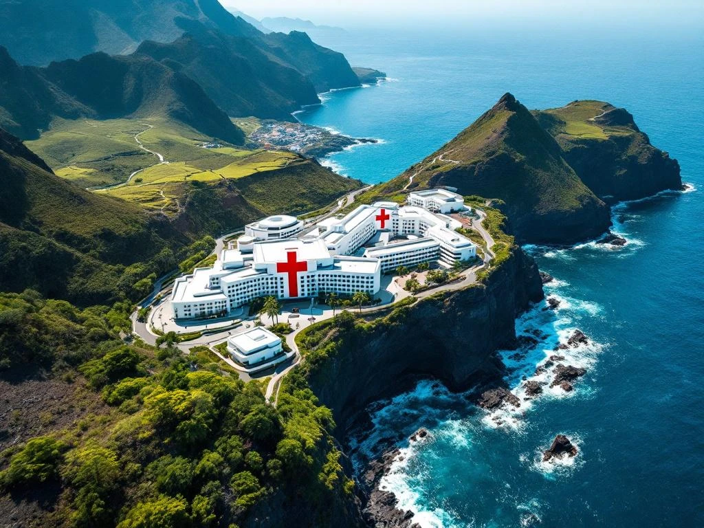 Luchtfoto van wit ziekenhuis met rood kruis op dak, omringd door groene bergen en kliffen aan Madeira's kust
