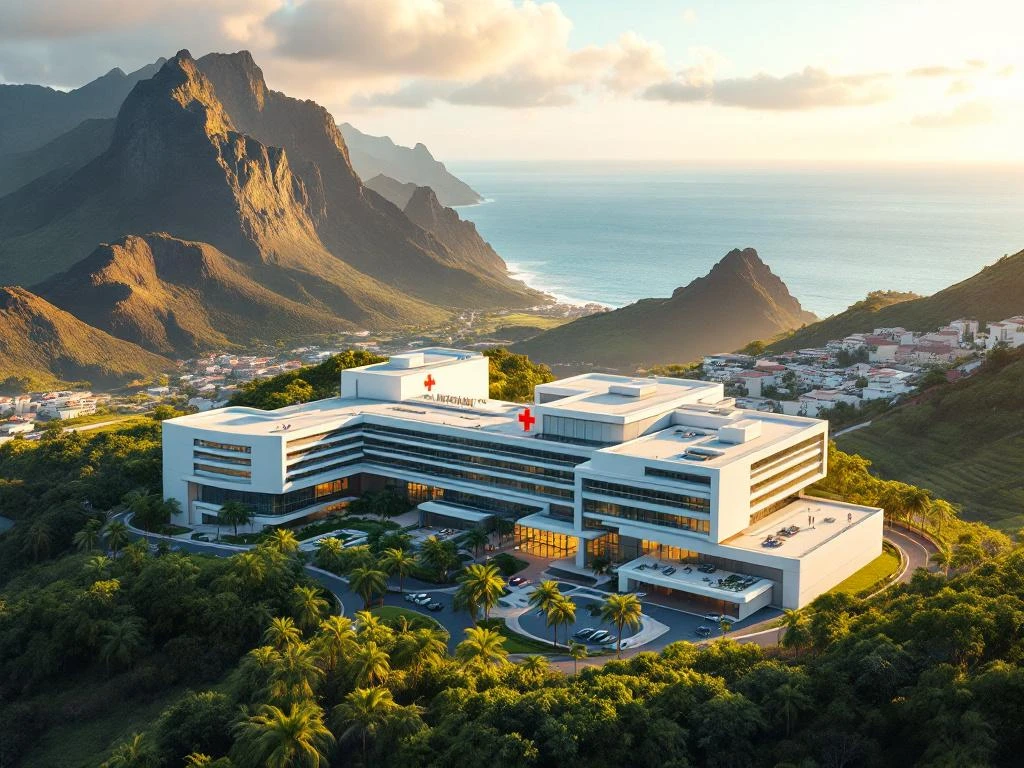 Modern ziekenhuis op Madeira met glazen gevel tegen vulkanische bergen, Atlantische Oceaan op achtergrond