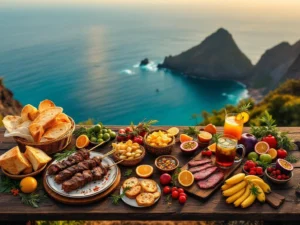 Traditionele Madeiraanse keuken met espetada, bolo do caco brood en poncha cocktails op houten tafel met oceaanzicht