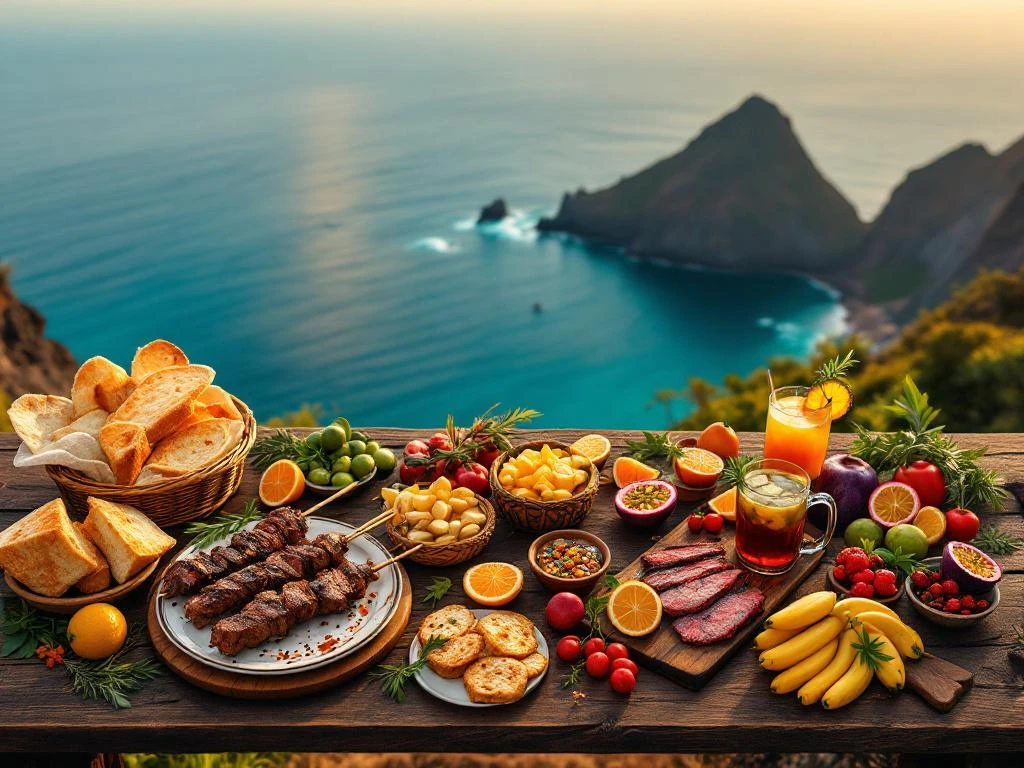 Traditionele Madeiraanse keuken met espetada, bolo do caco brood en poncha cocktails op houten tafel met oceaanzicht