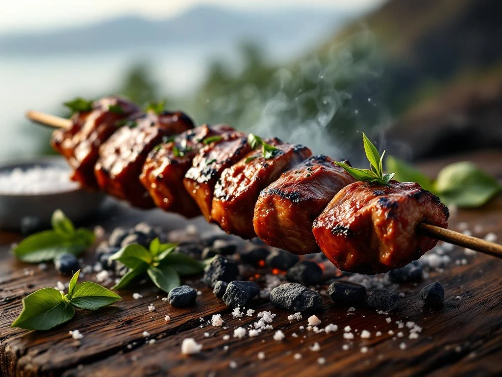 Traditionele Madeiraanse espetada met gegrild rundvlees op lauriertak, dampend boven gloeiende kolen op houten tafel