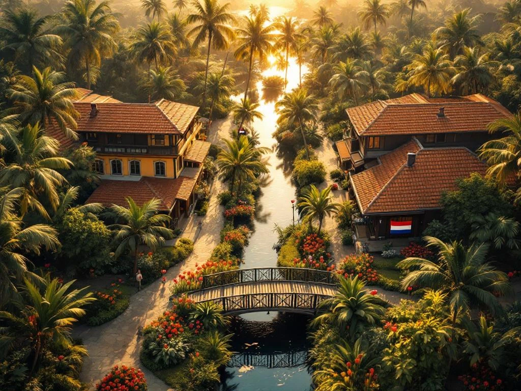 Luchtfoto van Nederlandse koloniale gebouwen en Surinaamse houten huizen verbonden door brug met tropische vegetatie