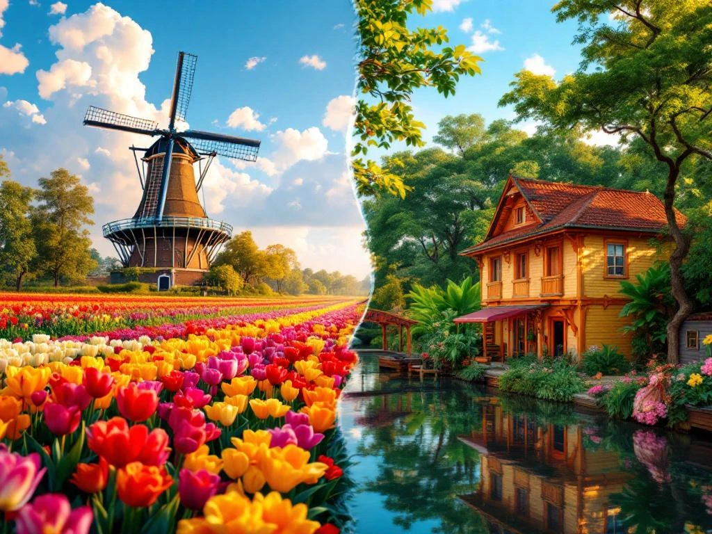 Split-screen vergelijking van Nederlandse windmolens, tulpenvelden en grachtenhuizen naast Surinaams regenwoud en koloniale gebouwen