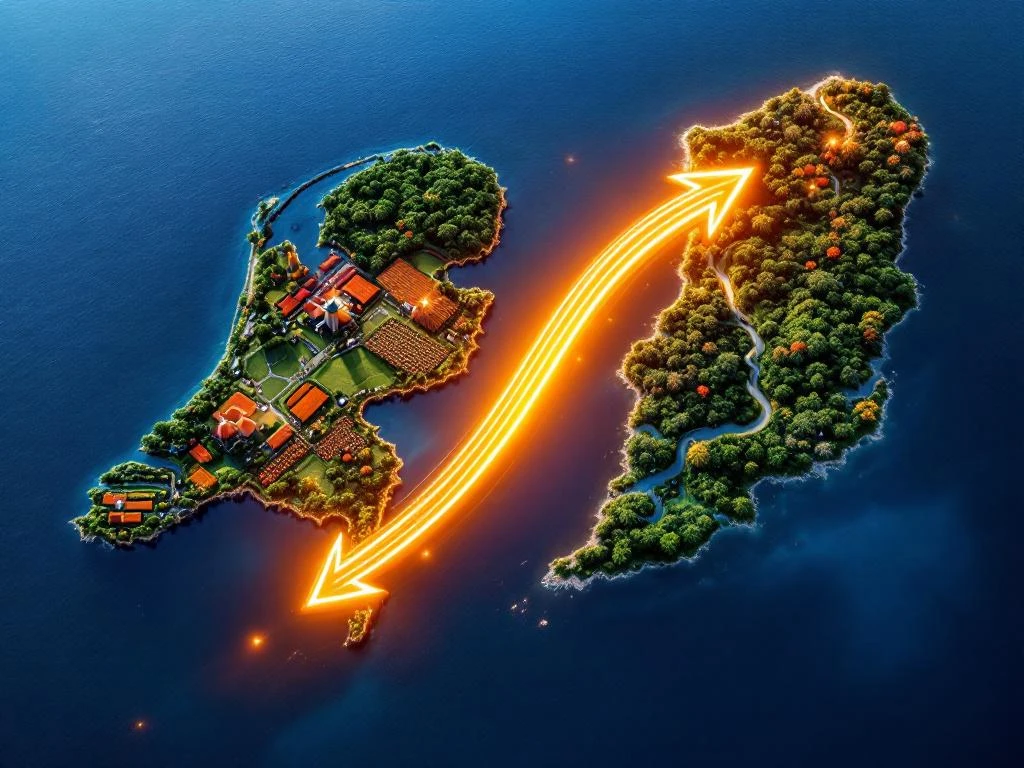 Luchtfoto van Nederland en Suriname verbonden door gouden migratiepijlen over oceaan, tulpenvelden en regenwoud zichtbaar