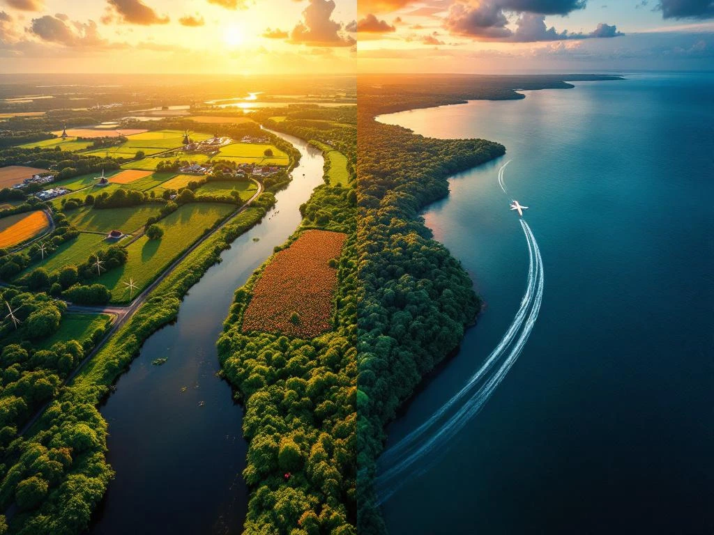Luchtfoto toont vliegreis van Nederland naar Suriname: windmolens en tulpenvelden links, regenwoud rechts