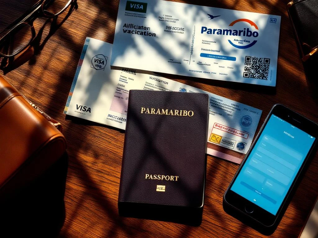 Nederlandse paspoort, vliegticket naar Paramaribo, vaccinatiecertificaten en smartphone op mahonie bureau