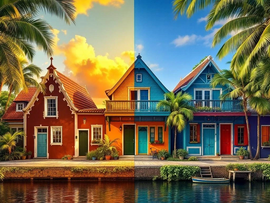 Gesplitst beeld van Nederlandse grachtenpanden en kleurrijke Surinaamse houten gebouwen met tropische vegetatie