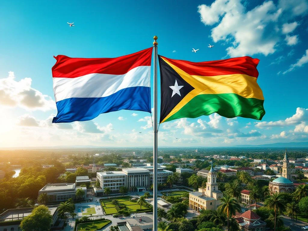 Nederlandse en Surinaamse vlaggen wapperen boven universiteitscampus met tropisch landschap en palmbomen