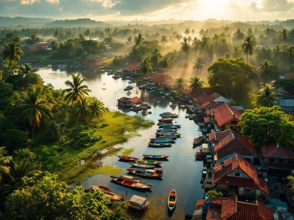 Luchtfoto van historische koloniale houten gebouwen in Nieuw-Amsterdam, Suriname langs de rivier met tropisch regenwoud