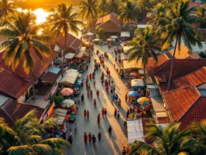 Luchtfoto van Paramaribo's historische centrum tijdens kleurrijk cultureel festival met koloniale houten gebouwen