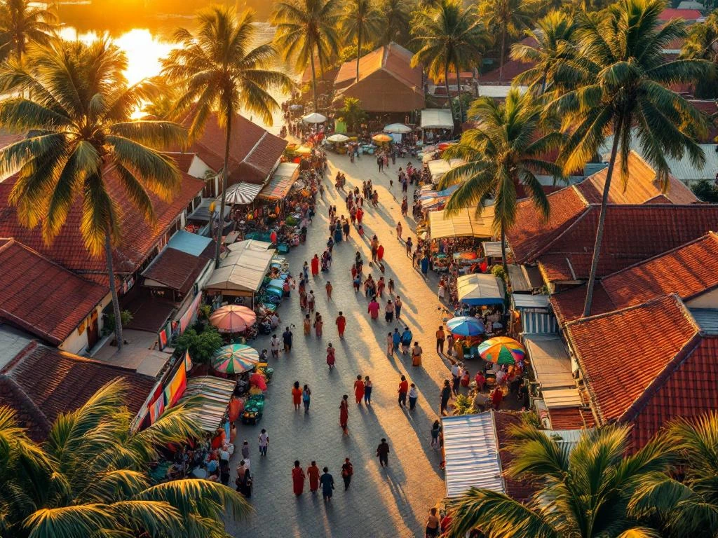 Luchtfoto van Paramaribo's historische centrum tijdens kleurrijk cultureel festival met koloniale houten gebouwen