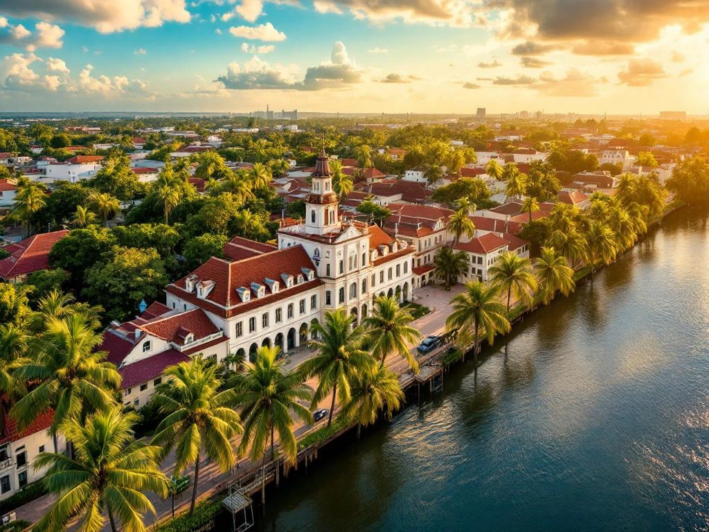 Luchtfoto van Paramaribo's historische centrum met koloniale houten gebouwen langs de Surinamerivier, UNESCO werelderfgoed