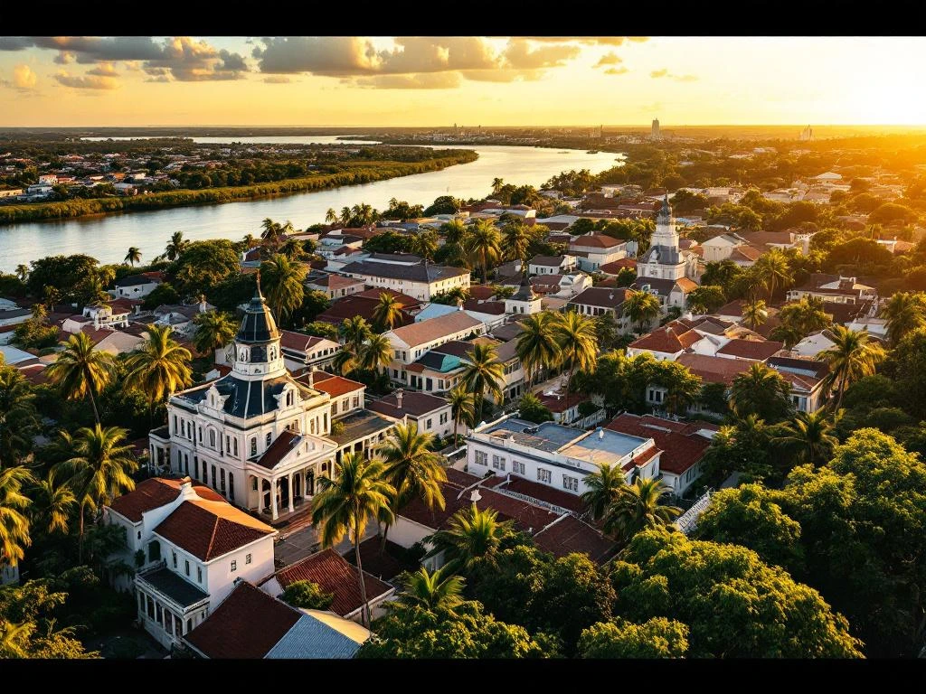 Luchtfoto van Paramaribo met koloniale houten gebouwen langs de Surinamerivier tijdens gouden uur