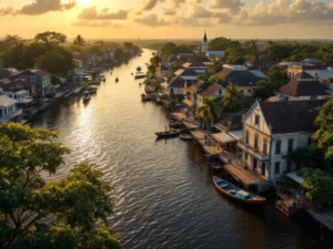 Luchtfoto van Paramaribo's historische binnenstad met koloniale houten gebouwen langs de Surinamerivier bij zonsondergang