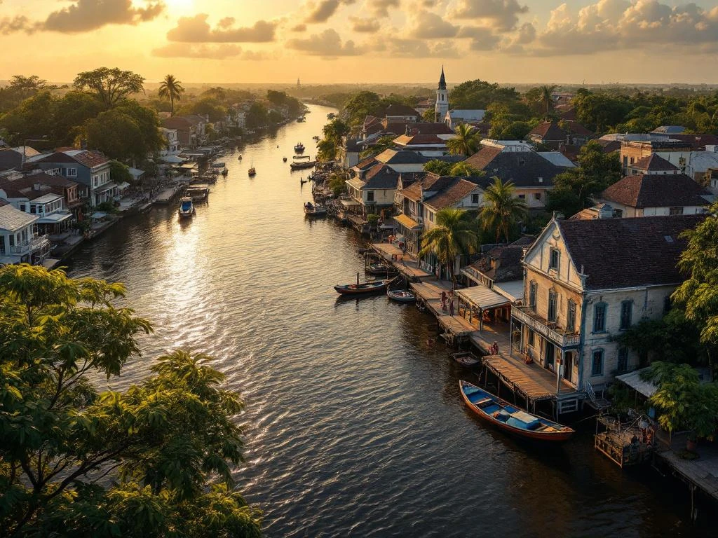 Luchtfoto van Paramaribo's historische binnenstad met koloniale houten gebouwen langs de Surinamerivier bij zonsondergang