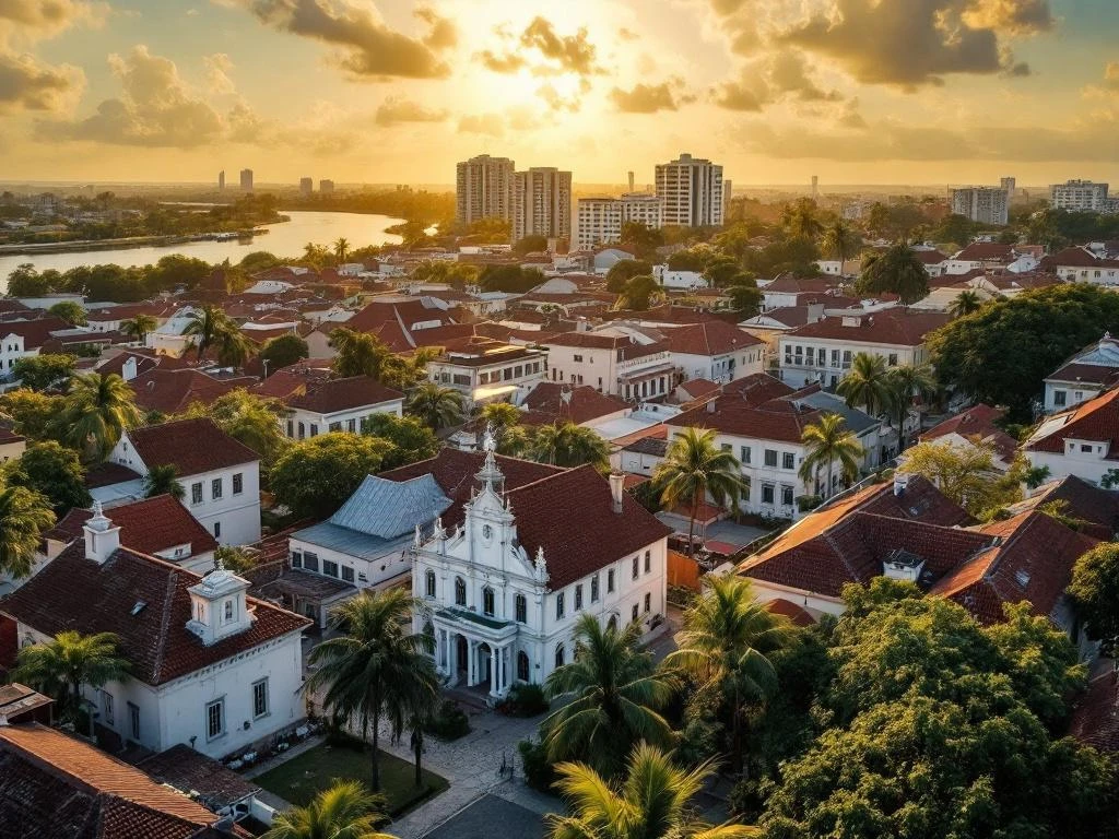 Luchtfoto van Paramaribo's historische binnenstad met Nederlandse koloniale houten gebouwen langs de Surinamerivier