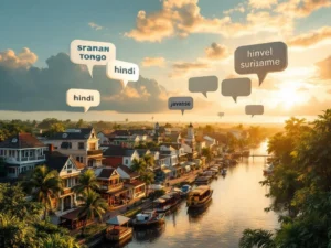 Luchtfoto van Paramaribo met historische houten koloniale architectuur langs de Surinamerivier bij zonsondergang