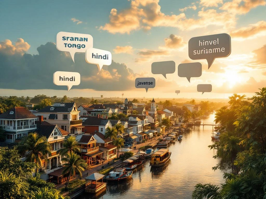 Luchtfoto van Paramaribo met historische houten koloniale architectuur langs de Surinamerivier bij zonsondergang