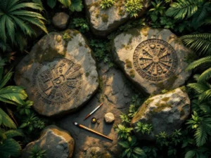 Luchtfoto van oude inheemse rotstekeningen in Surinaamse regenwoud met archeologisch onderzoeksgereedschap