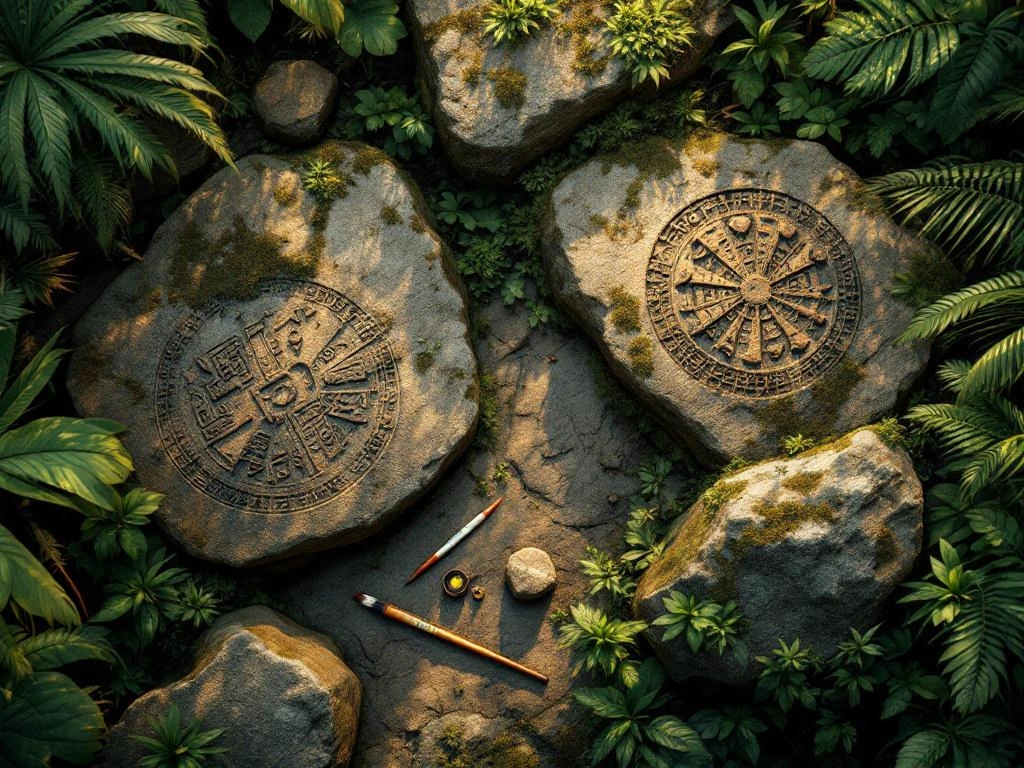 Luchtfoto van oude inheemse rotstekeningen in Surinaamse regenwoud met archeologisch onderzoeksgereedschap