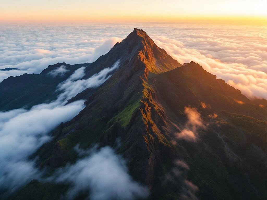 Pico do Areeiro vulkaantop doorprikt witte wolken bij zonsondergang, Madeira's dramatische basaltpiek met gouden licht