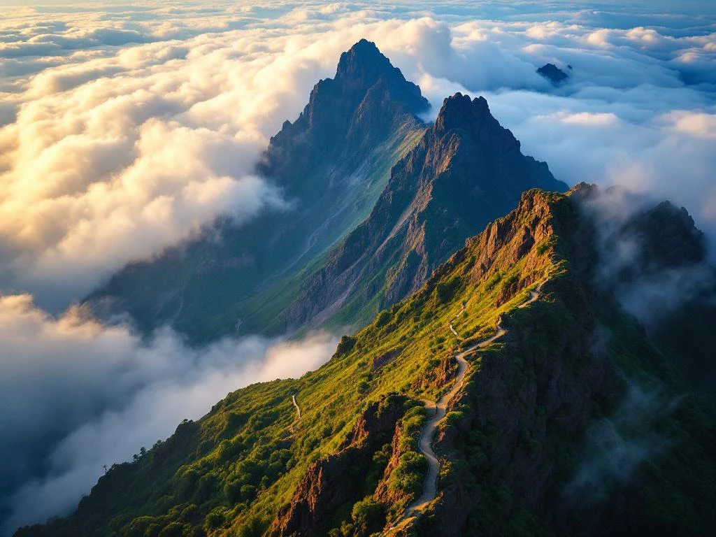 Luchtfoto van Pico Ruivo's piek in wolken met wandelpaden, gouden zonsopgang en Madeira's vulkanisch landschap