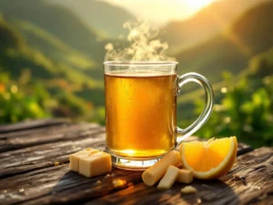 Traditionele glazen mok met gouden poncha uit Madeira op houten planken, omringd door citroen en suikerriet
