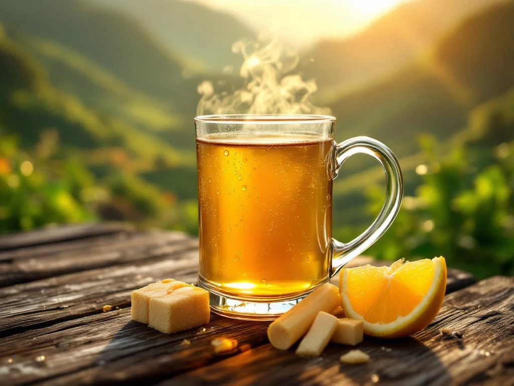 Traditionele glazen mok met gouden poncha uit Madeira op houten planken, omringd door citroen en suikerriet