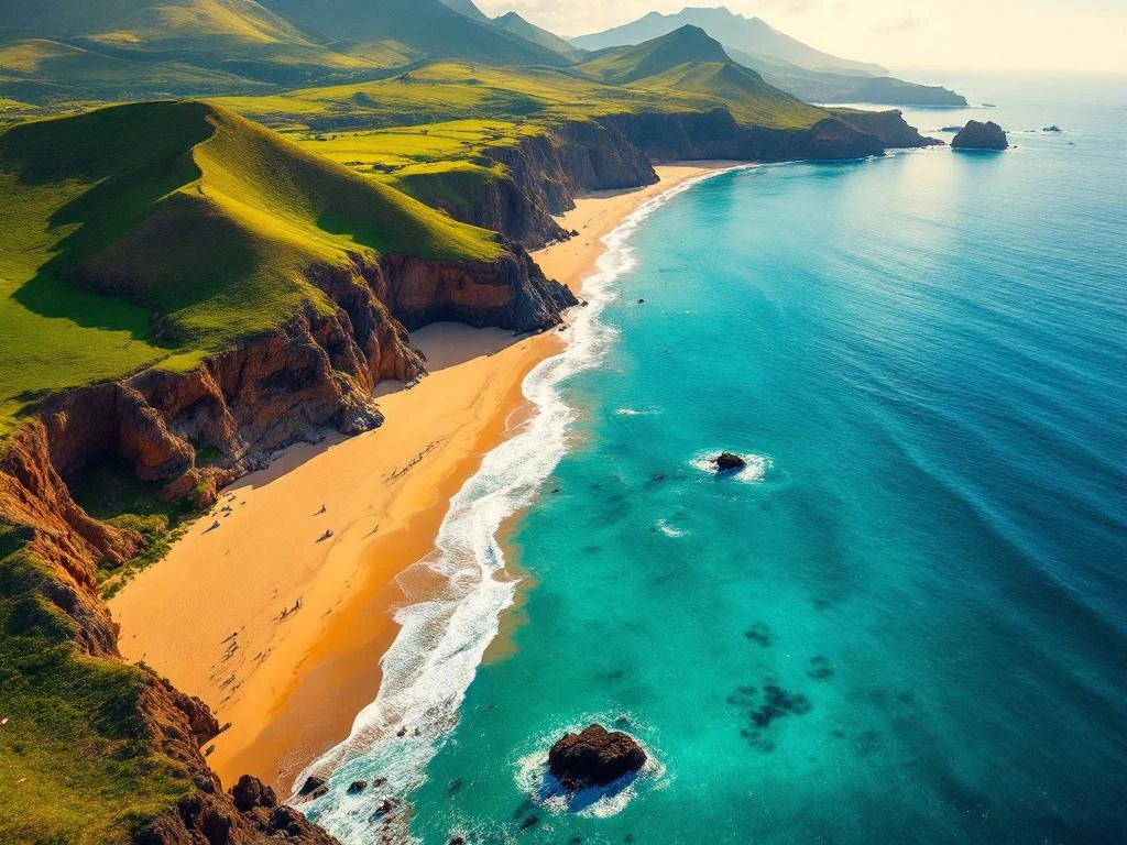 Luchtfoto van Porto Santo's gouden zandstranden langs turquoise zee met groene heuvels op de achtergrond