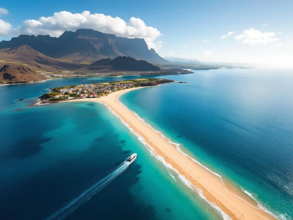 Luchtfoto van Porto Santo's gouden strand langs turquoise Atlantische wateren met veerboot tussen de eilanden