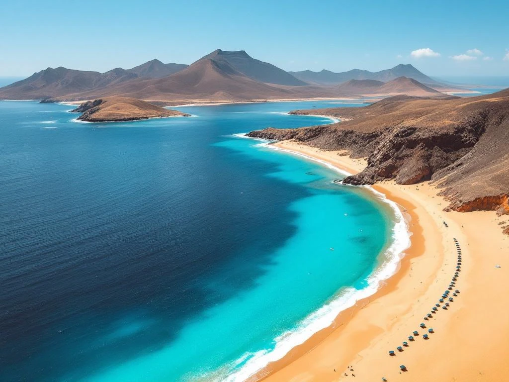 Luchtfoto van Porto Santo's gouden zandstrand langs turkooizen Atlantische wateren met vulkanische heuvels op de achtergrond