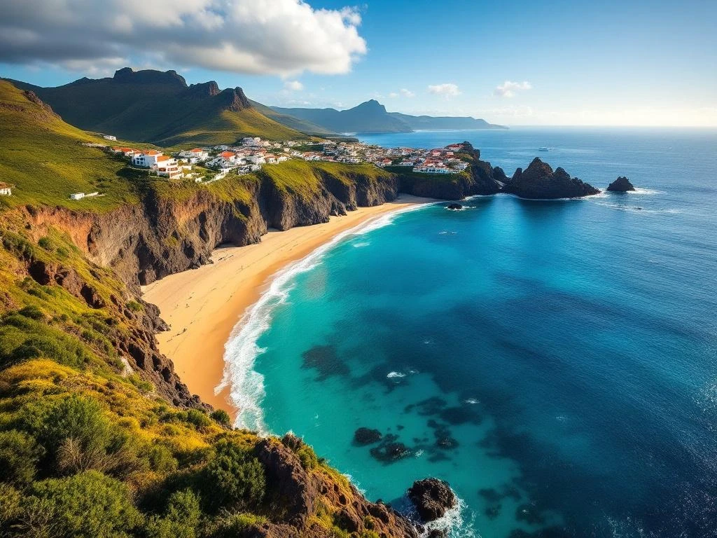Luchtfoto van Porto Santo's gouden strand langs turquoise Atlantische wateren met Madeira op de achtergrond