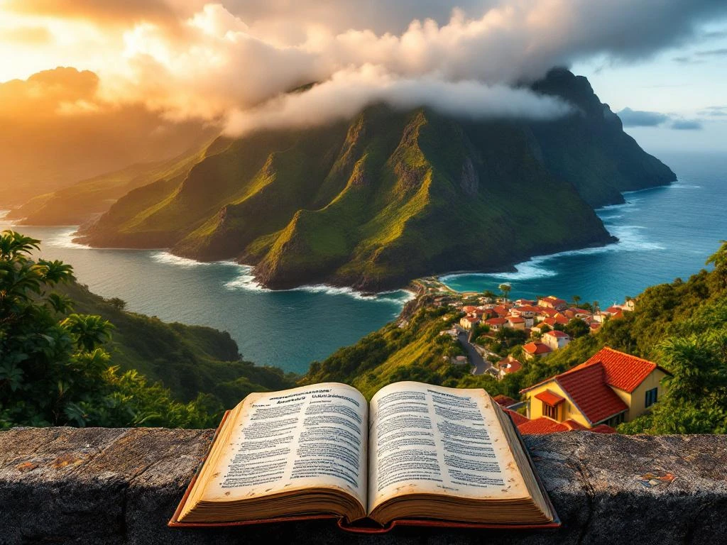 Luchtfoto van Madeira's kustlijn met Portugees fraseboek op traditionele levada-muur, azulejo-tegels en groene bergen