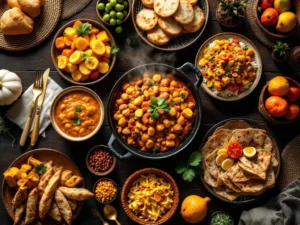 Overzicht van traditionele Surinaamse gerechten zoals pom, roti met curry en bara brood op donkere houten tafel
