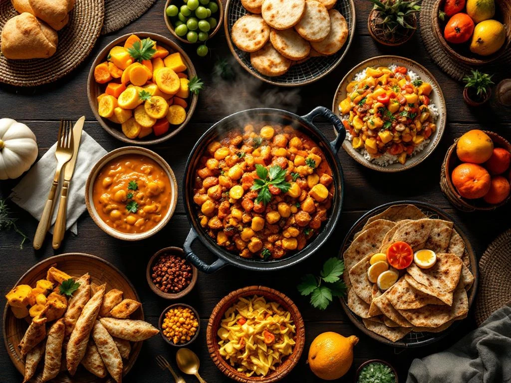 Overzicht van traditionele Surinaamse gerechten zoals pom, roti met curry en bara brood op donkere houten tafel