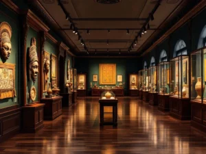 Museum interieur met Surinaamse culturele artefacten, houten maskers, textiel en kleurrijke keramiek in mahonie vitrines
