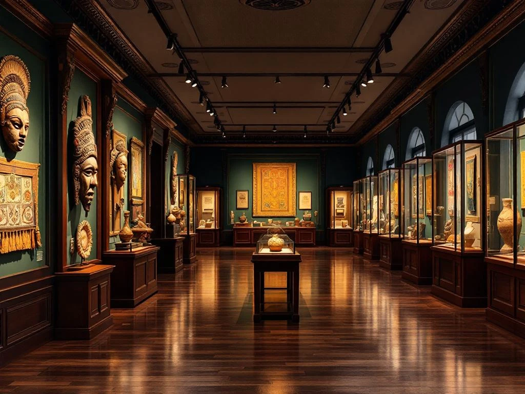 Museum interieur met Surinaamse culturele artefacten, houten maskers, textiel en kleurrijke keramiek in mahonie vitrines