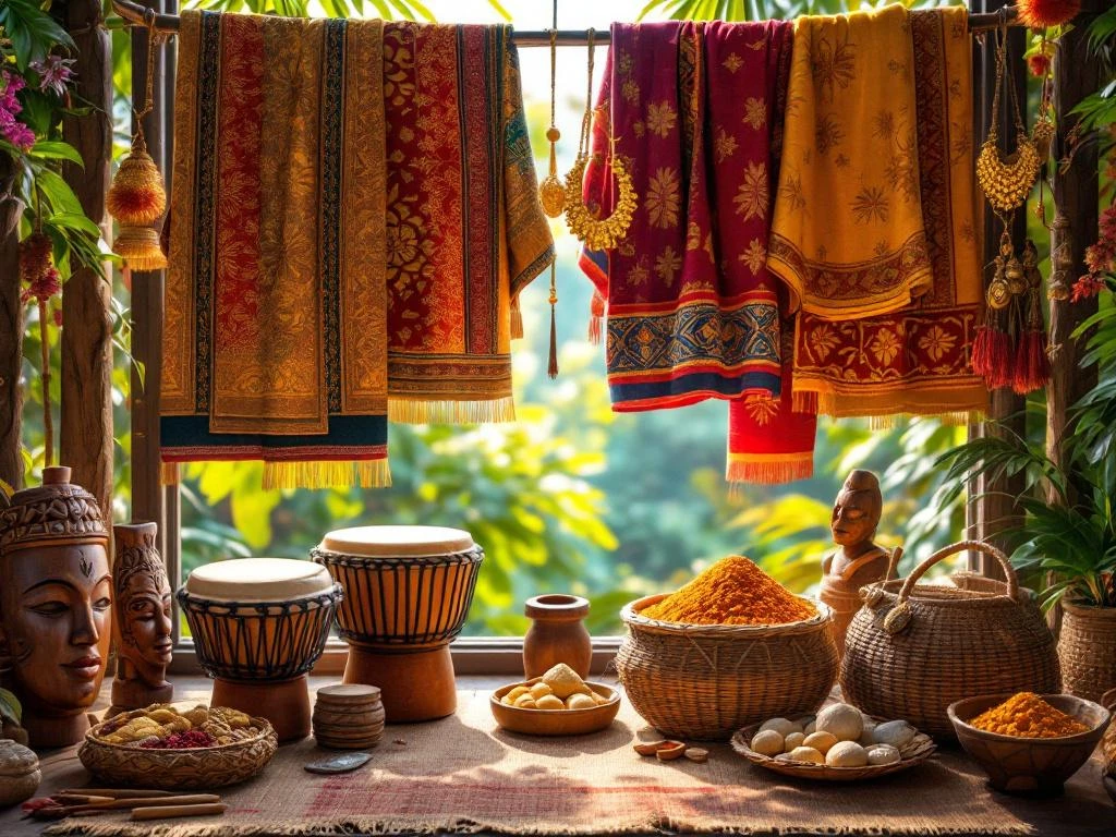 Kleurrijke Surinaamse traditionele kostuums, djembe drums, gouden sieraden en geweven manden met kruiden in tropische setting