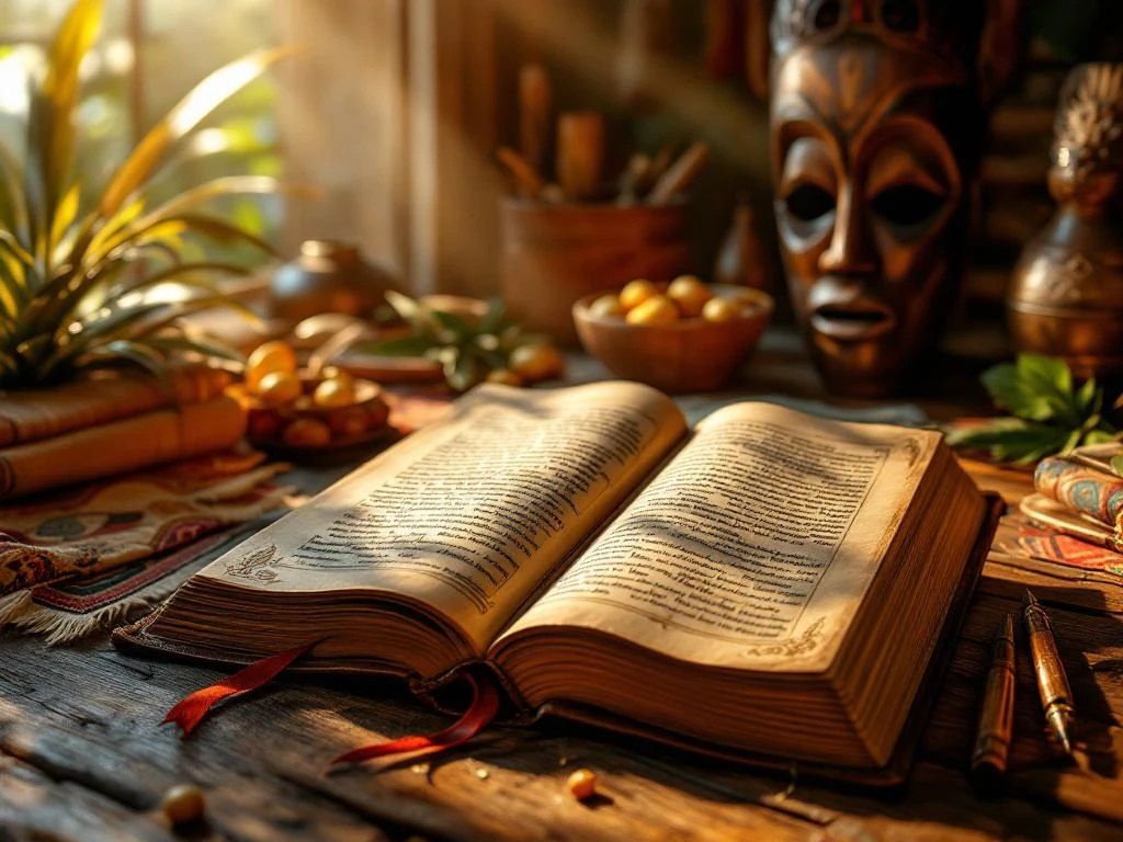 Antiek leren boek met gouden Surinaams schrift omgeven door traditionele maskers, textiel en culturele artefacten