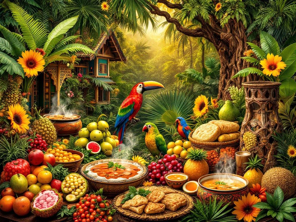 Kleurrijke Surinaamse cultuurcollage met traditionele architectuur, tropisch fruit, textiel, curry gerechten en regenwoud