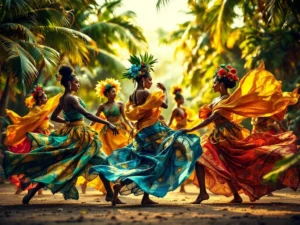Surinaamse dansers in kleurrijke traditionele kostuums voeren dynamische bewegingen uit tegen tropische achtergrond
