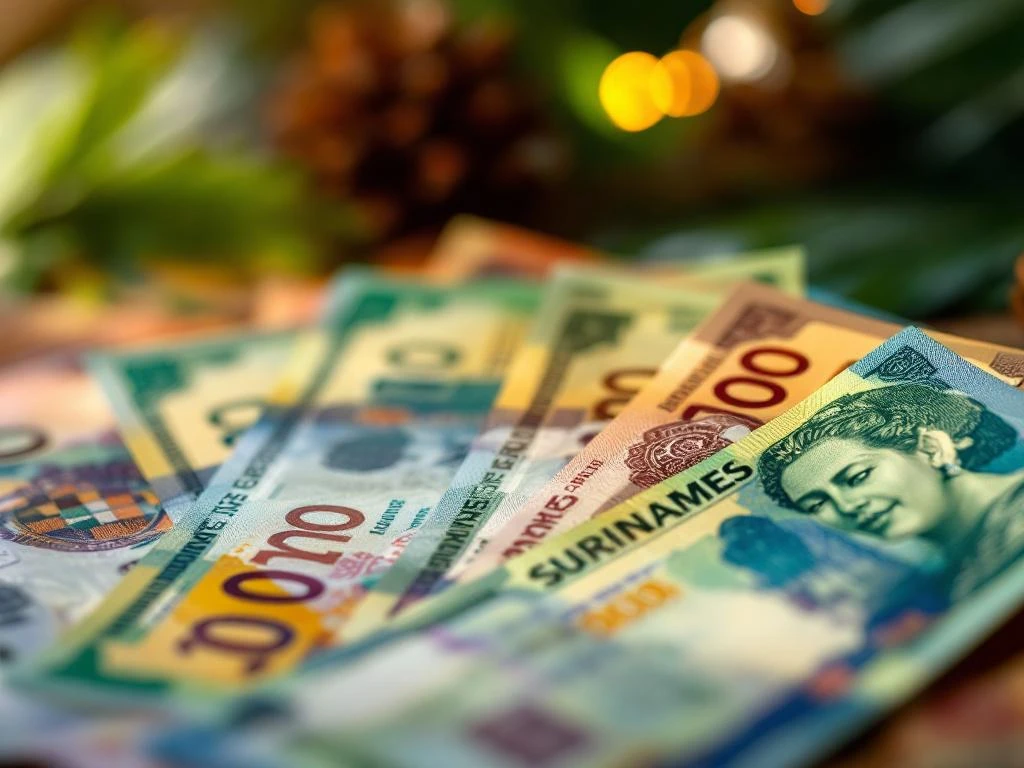 Surinaamse Dollar bankbiljetten uitgespreid met levendige kleuren en culturele motieven op tropische achtergrond